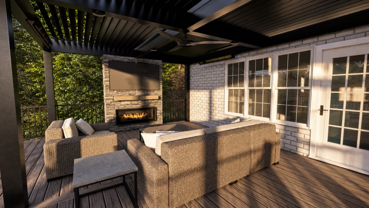 Rendering of a louvered-roof outdoor living room