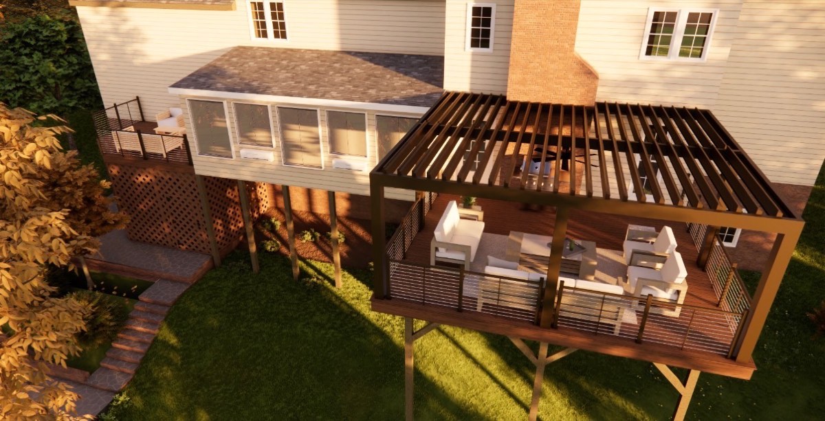 Rendering of an elevated deck with pergola
